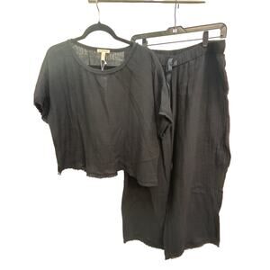 Eileen Fisher Medium Black Lounge Set Organic Cotton Gauze Box-Top Wide Leg Pant